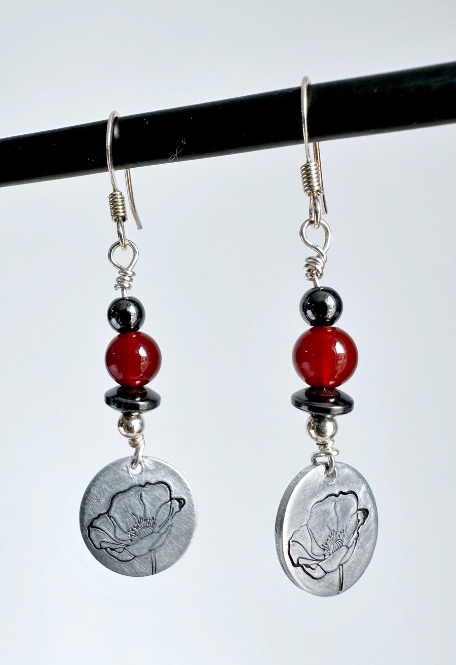Stamped Aluminium Poppy Earrings Featuring Hematite and Red Jade Stones