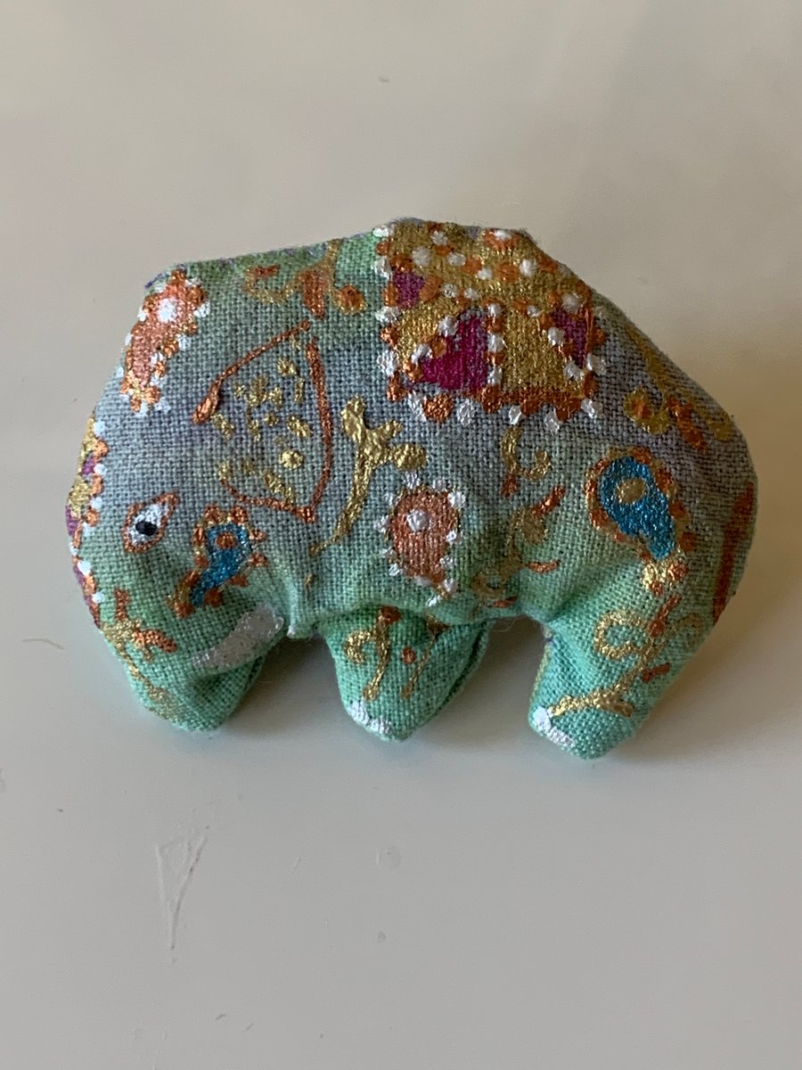 Handmade and hand painted fabric pin brooches with Green Elephant design 