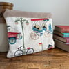 Vintage car and bicycle linen book pouch zip bag with corduroy back 