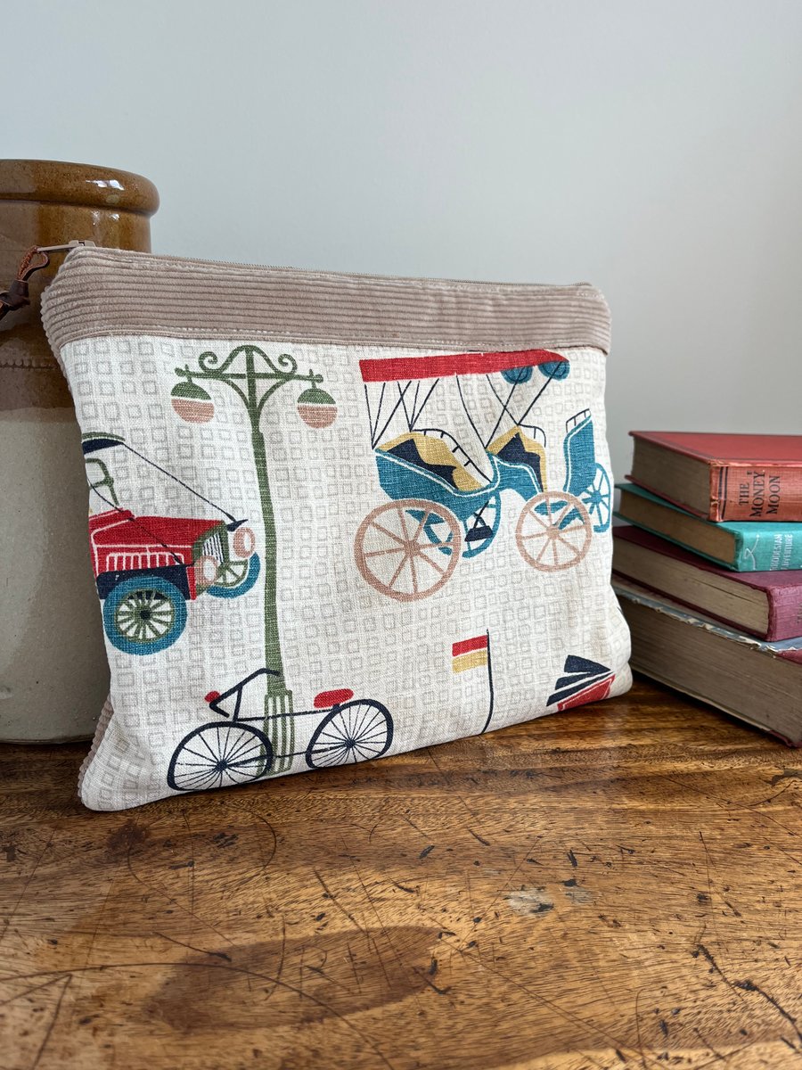Vintage car and bicycle linen book pouch zip bag with corduroy back 