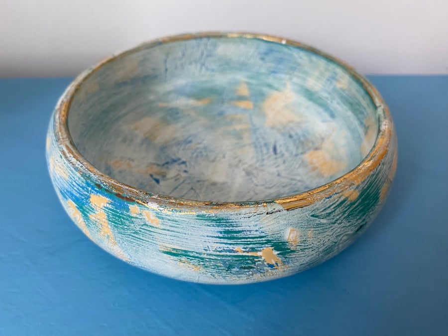 Hand painted wooden Bowl with metallic foil rim. Bonbon dish Decorative display 