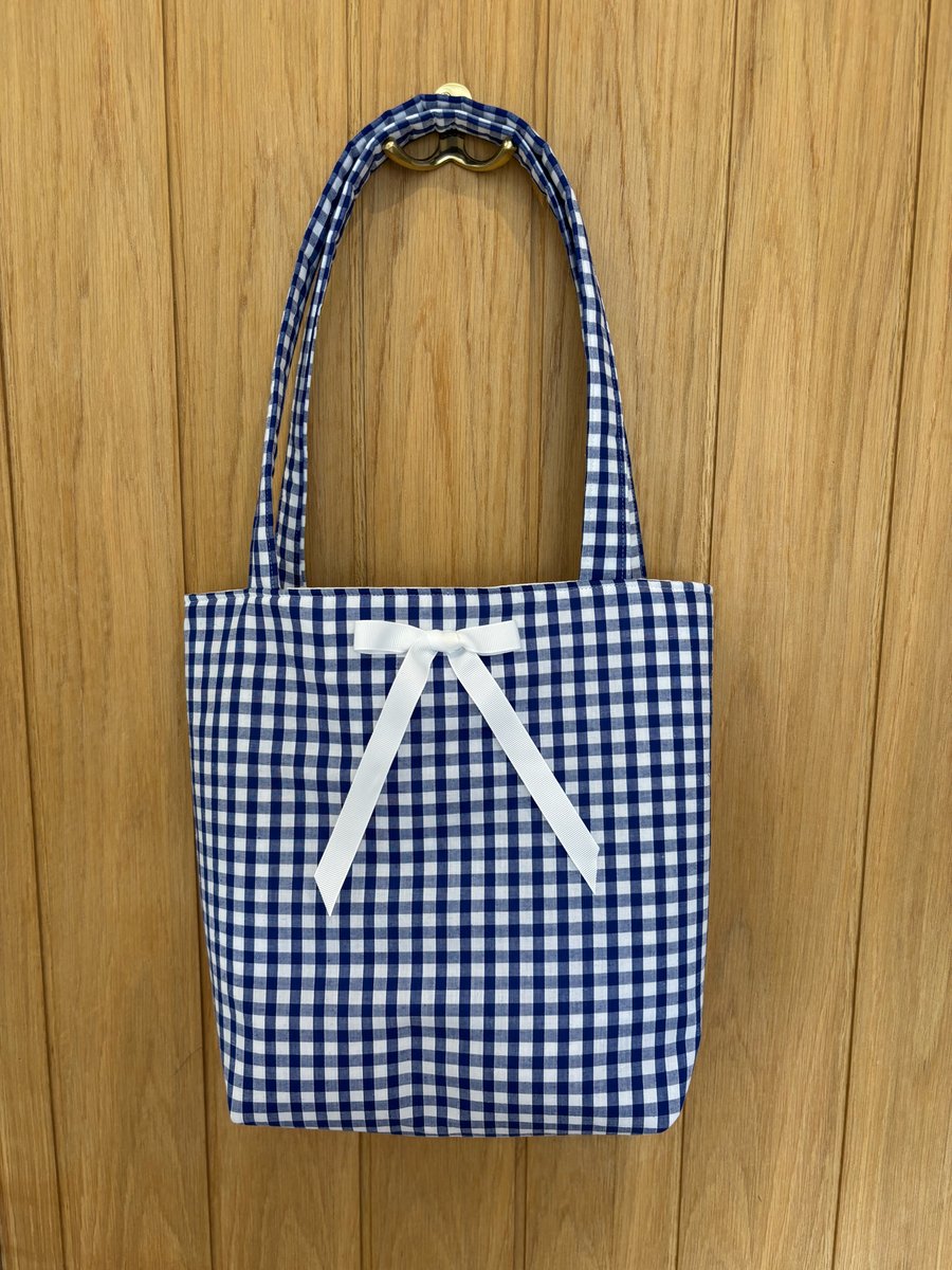 Navy Gingham Handmade Bow Tote Bag Small