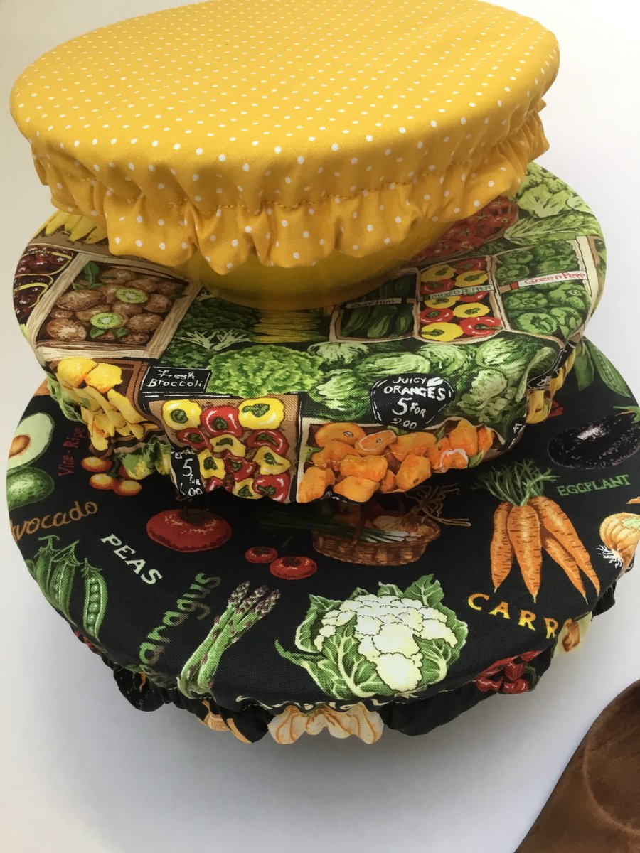 Reusable bowl covers - set of three in fruit and veg design. 