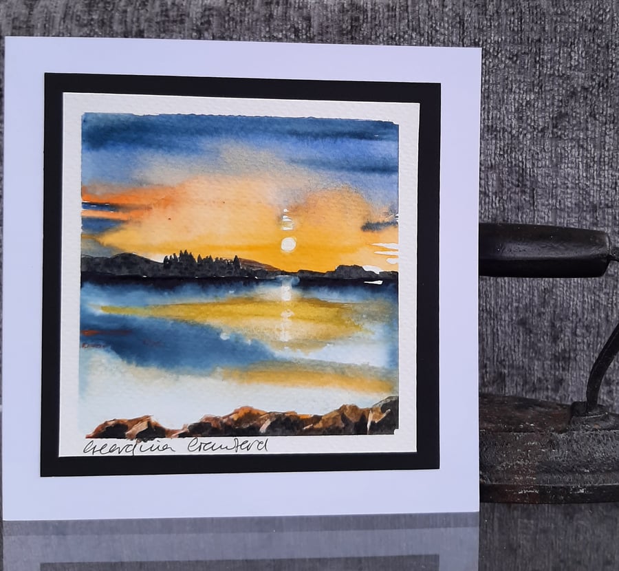 Handpainted Blank Card. Sunset on a Loch. The Card That's Also A Keepsake