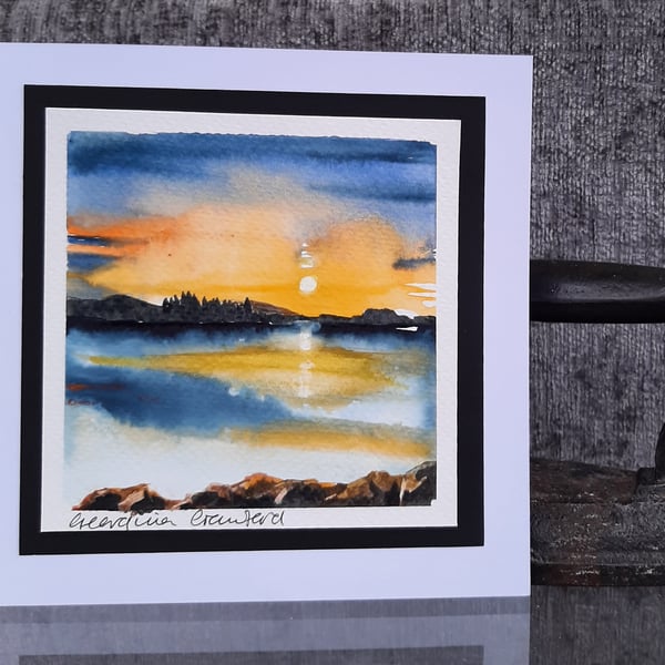 Handpainted Blank Card. Sunset on a Loch. The Card That's Also A Keepsake