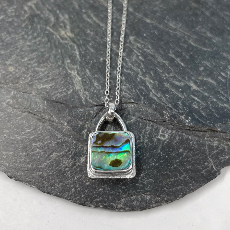 Silver square pendant set with abalone, heart cutout on back 18inch chain