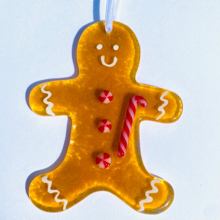 Fused glass gingerbread man tree decoration with candy cane  personalised