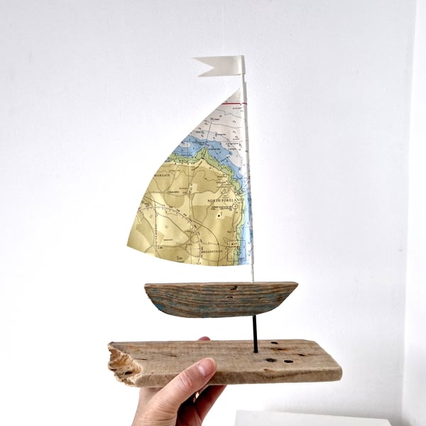 Kent - Margate, Broadstairs driftwood sailboat, authentic nautical map sail