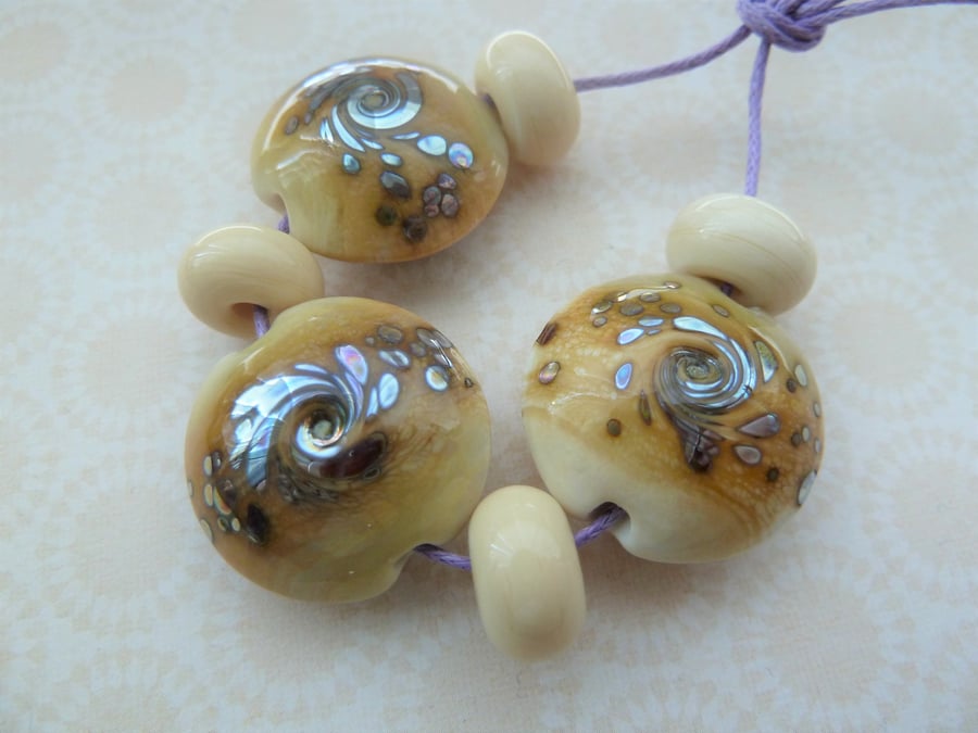 handmade lampwork glass beads, ivory and silver
