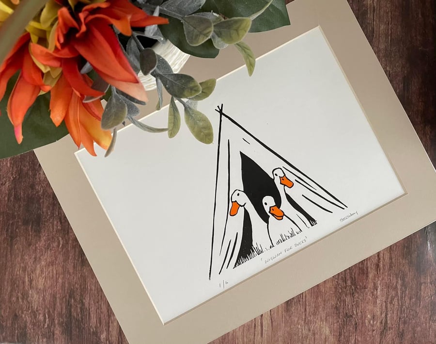 ‘Wigwams for Ducks’ Lino print