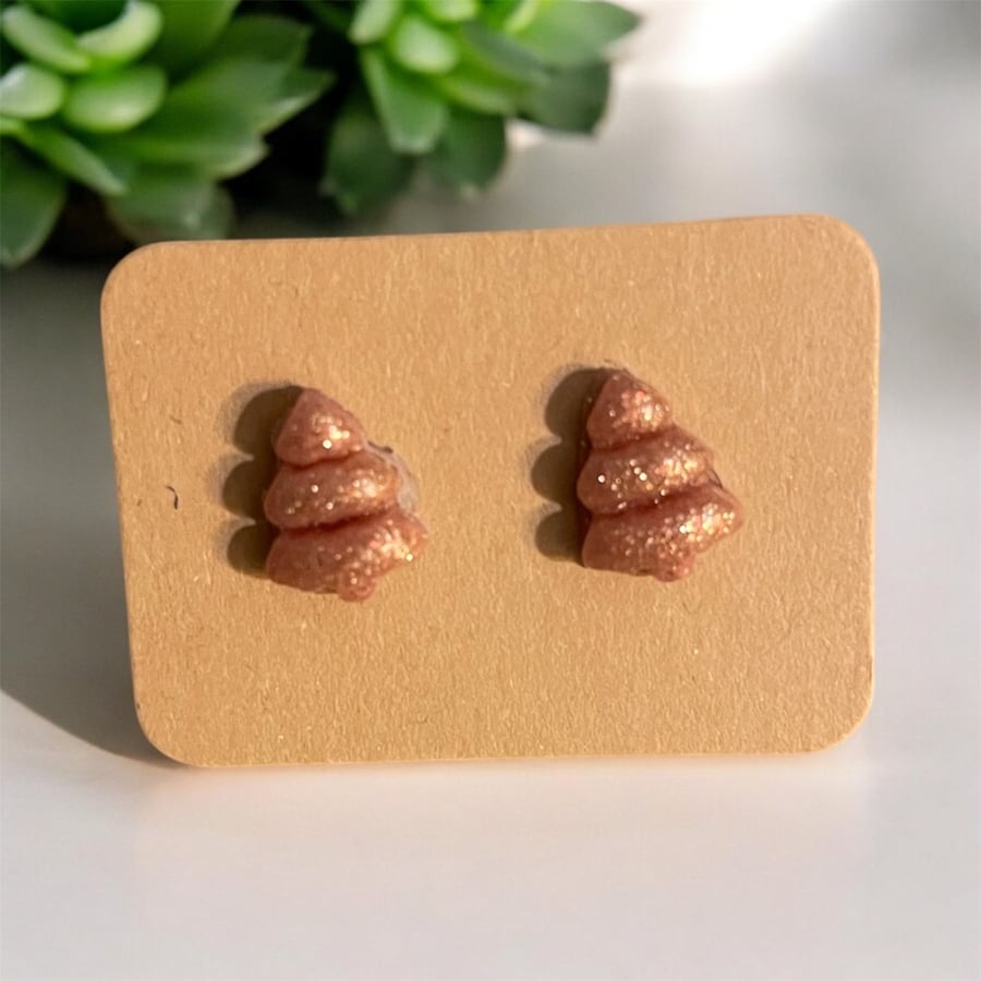Handmade rose gold polymer clay Christmas tree stud earrings 