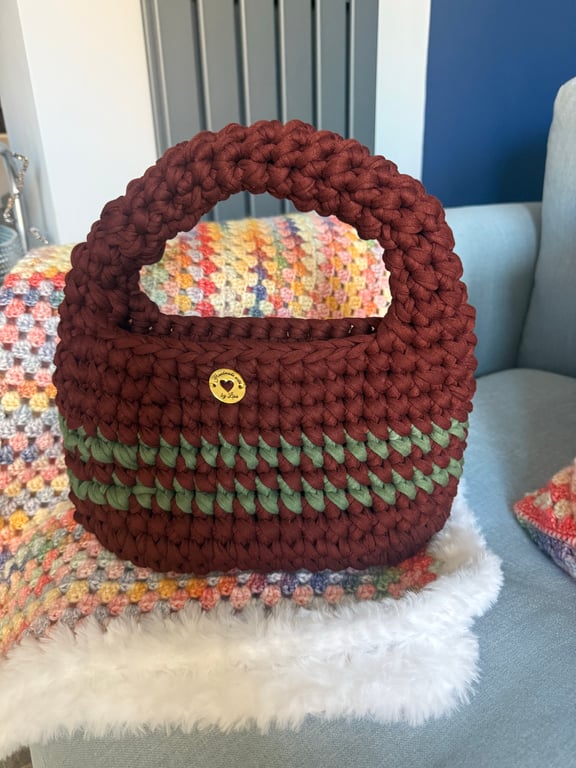 Handmade Chocolate Brownand Sage Green two Tone Crochet Box Bag