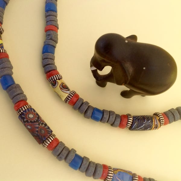 African recycled bottle beads and rare antique millefiori trade beads necklace