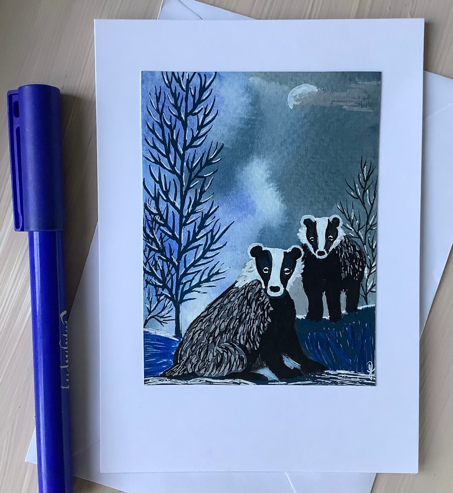 Winter badgers art card hand painted