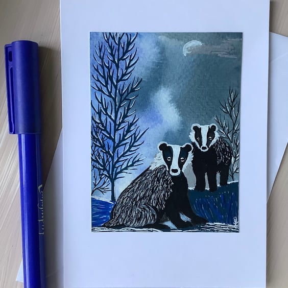 Winter badgers art card hand painted