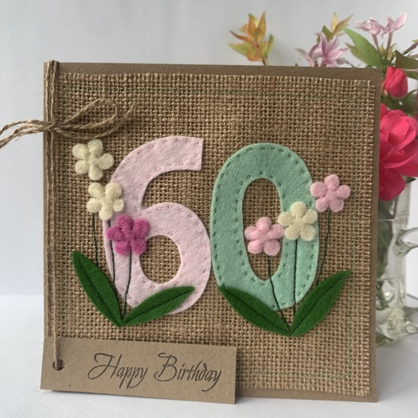 Handmade 60th Birthday Card. Felt. Keepsake Card. Textile card.