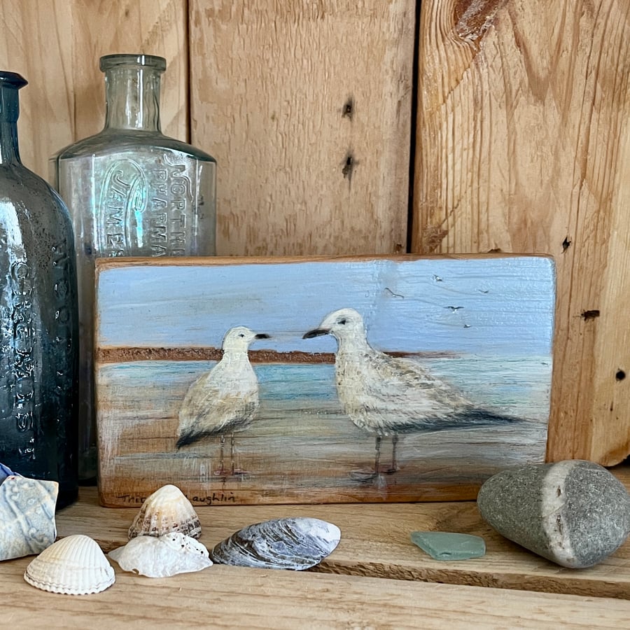 Original acrylic painting of seagulls on reclaimed timber