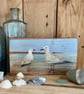 Original acrylic painting of seagulls on reclaimed timber