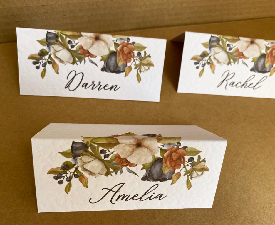 6x burnt orange and navy flowers name place CARDS foliage table wedding decor