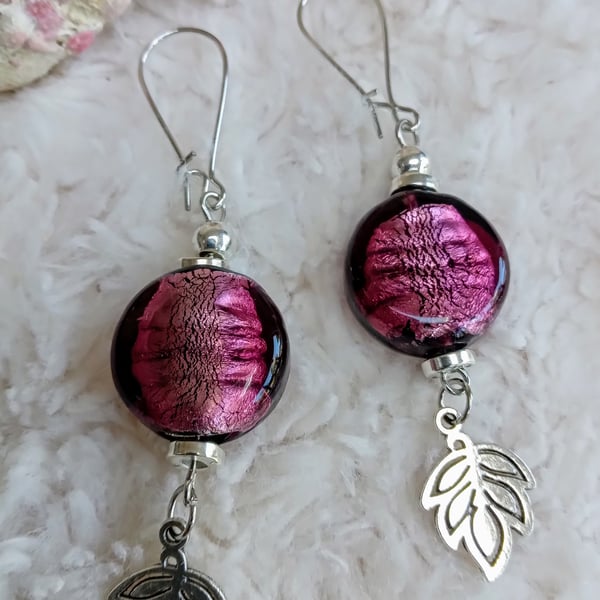 Foiled LAMPWORK coin beaded EARRINGS with Tibetan silver LEAF accent