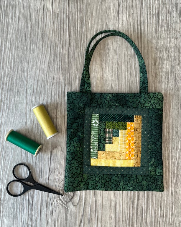 Green and Yellow Patchwork Log Cabin Mini Tote Bag