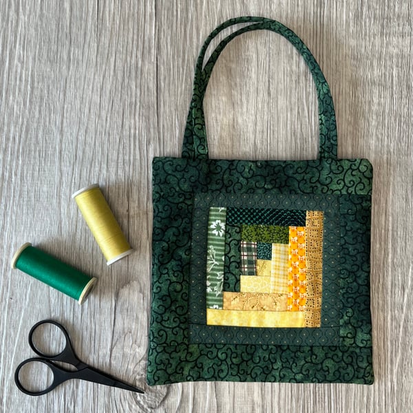 Green and Yellow Patchwork Log Cabin Mini Tote Bag