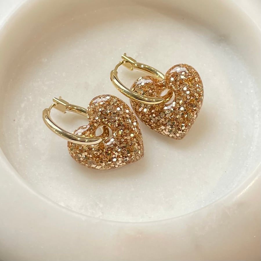 Chunky gold glitter heart hoops – resin statement earrings