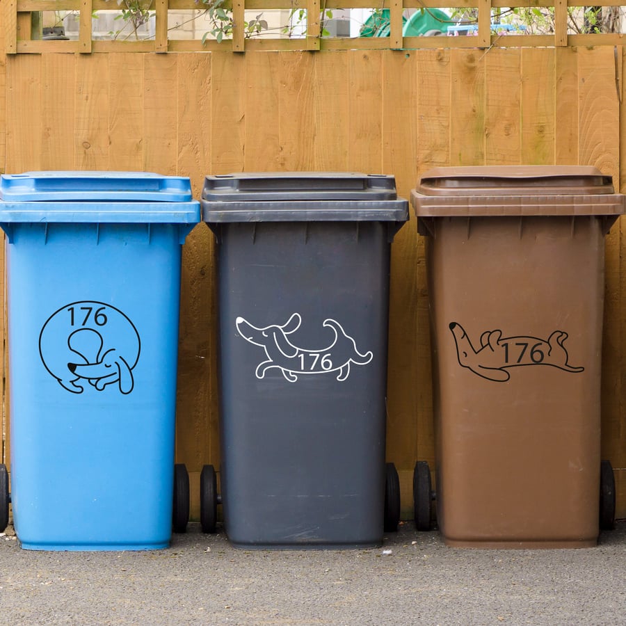 Personalised Wheelie Bin Sticker Dachshund Dog Custom Number Cartoon Sausage Dog