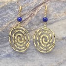Gold tone spiral charm earrings with lapis lazuli stones