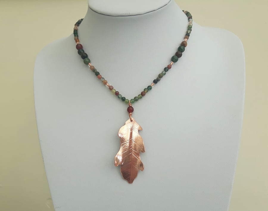 Copper Oak Leaf Pendant on Gemstone Necklace