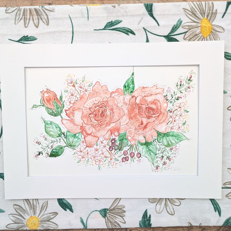 Rose hand-painted original watercolour painting A4 mounted (not a print)