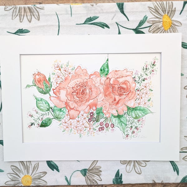 Rose hand-painted original watercolour painting A4 mounted (not a print)