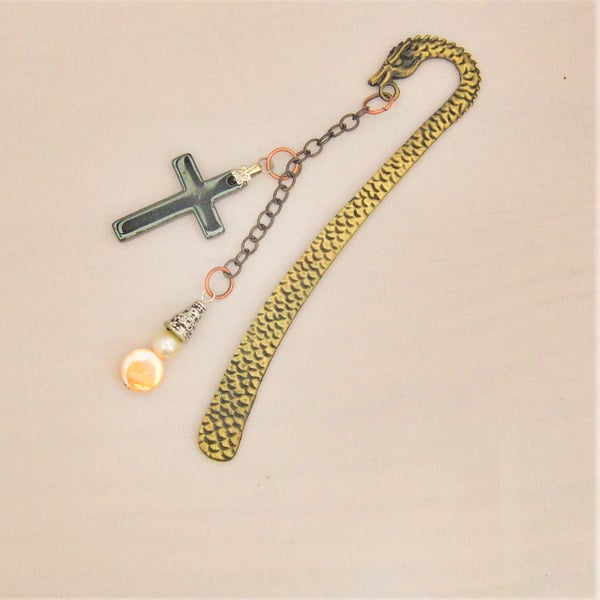 Dragon Bookmark With Pearl & Mother of Pearl Charm And Haematite Cross Charm