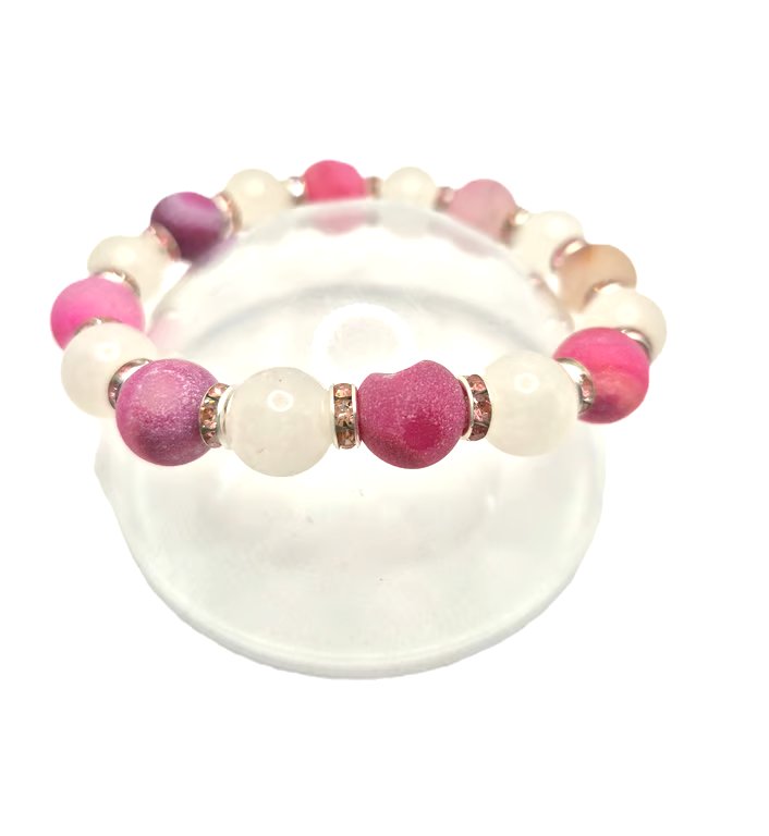 Pink druzy and rose quartz beaded stretchty bracelet with faux crystal rondelles