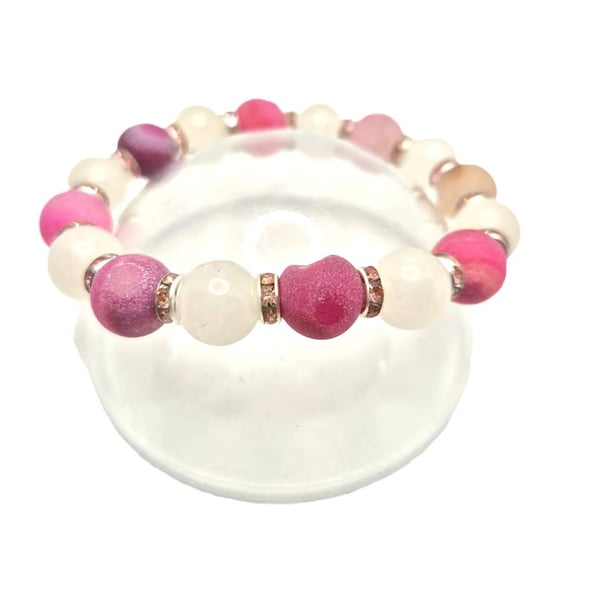 Pink druzy and rose quartz beaded stretchty bracelet with faux crystal rondelles