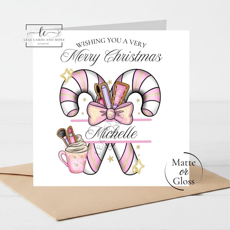 Handmade Pink Make Up Candy Cane Merry Christmas Card