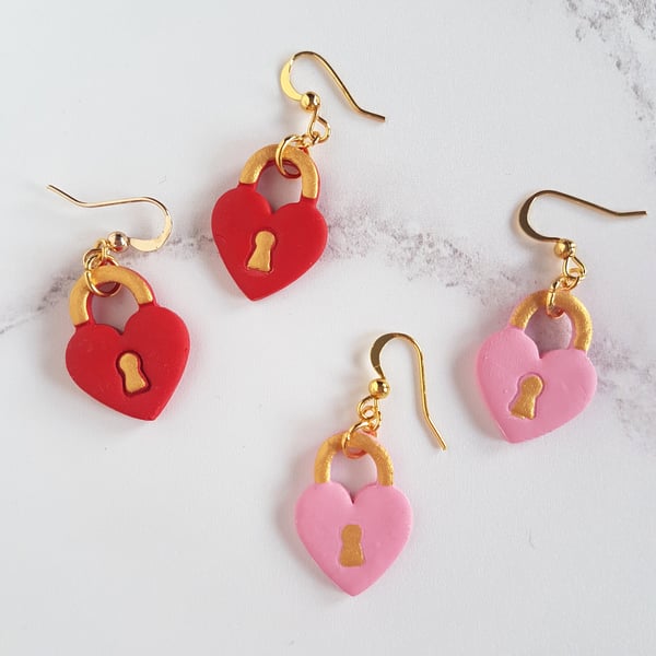 Heart padlock red or pink drop earrings with gold detail