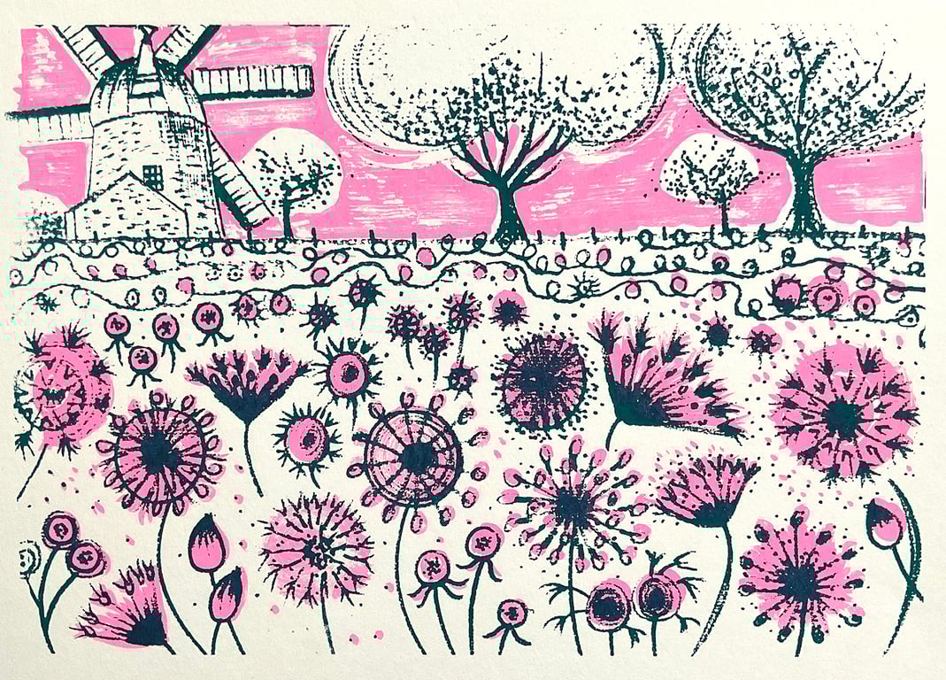Pink windmill original screen print - perfectly imperfect