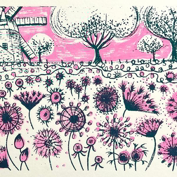 Pink windmill original screen print - perfectly imperfect