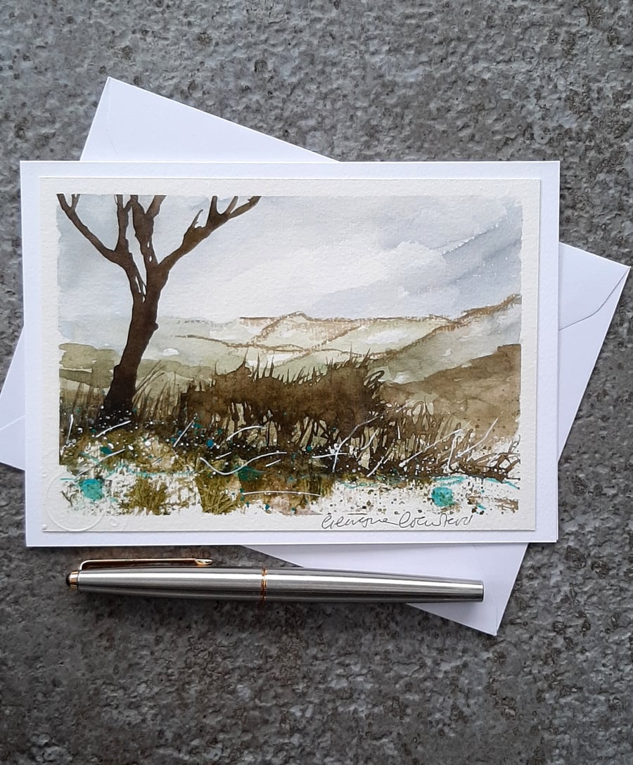 Handpainted Blank Card. Wall Art. Keepsake. Hills and Trees