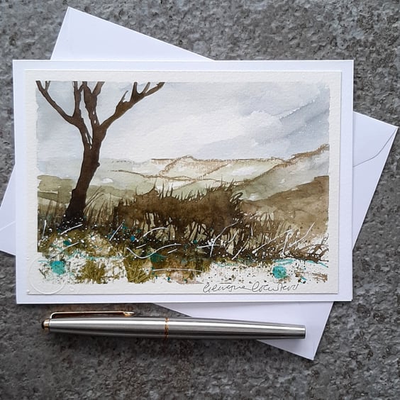 Handpainted Blank Card. Wall Art. Keepsake. Hills and Trees