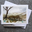 Handpainted Blank Card. Wall Art. Keepsake. Hills and Trees