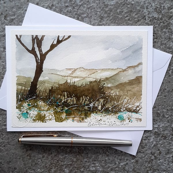 Handpainted Blank Card. Wall Art. Keepsake. Hills and Trees