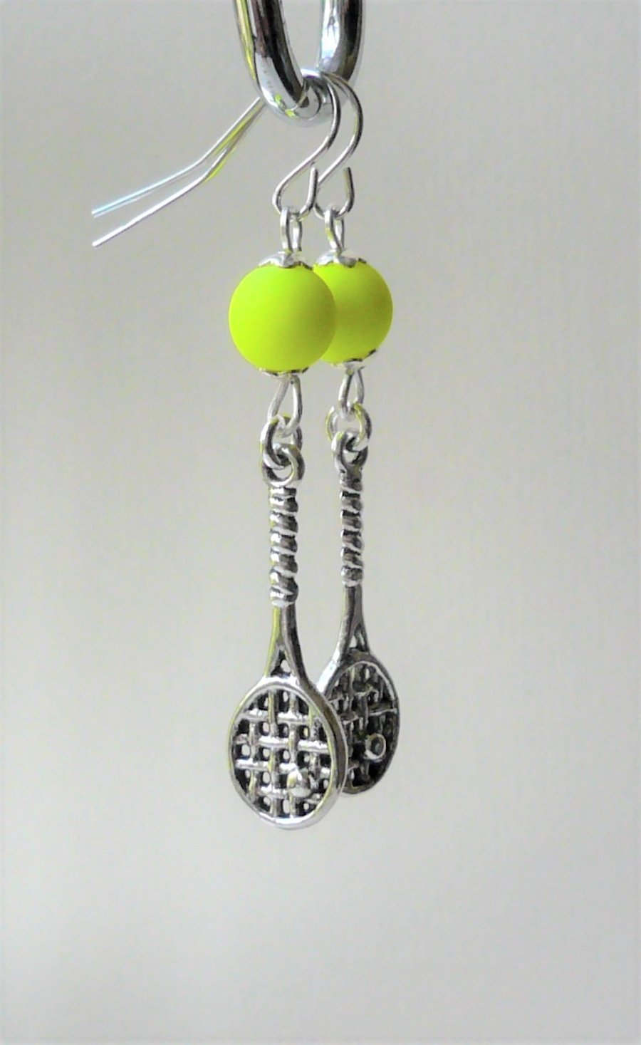 Bright Neon Yellow and Silver Tennis Themed Dangle Earrings KCJ2129