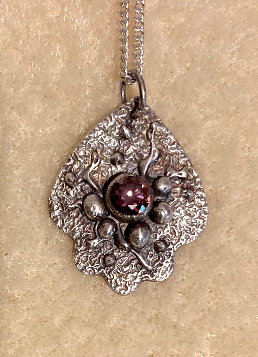 Stunning, one-off, pure silver necklace with a purple crystal 