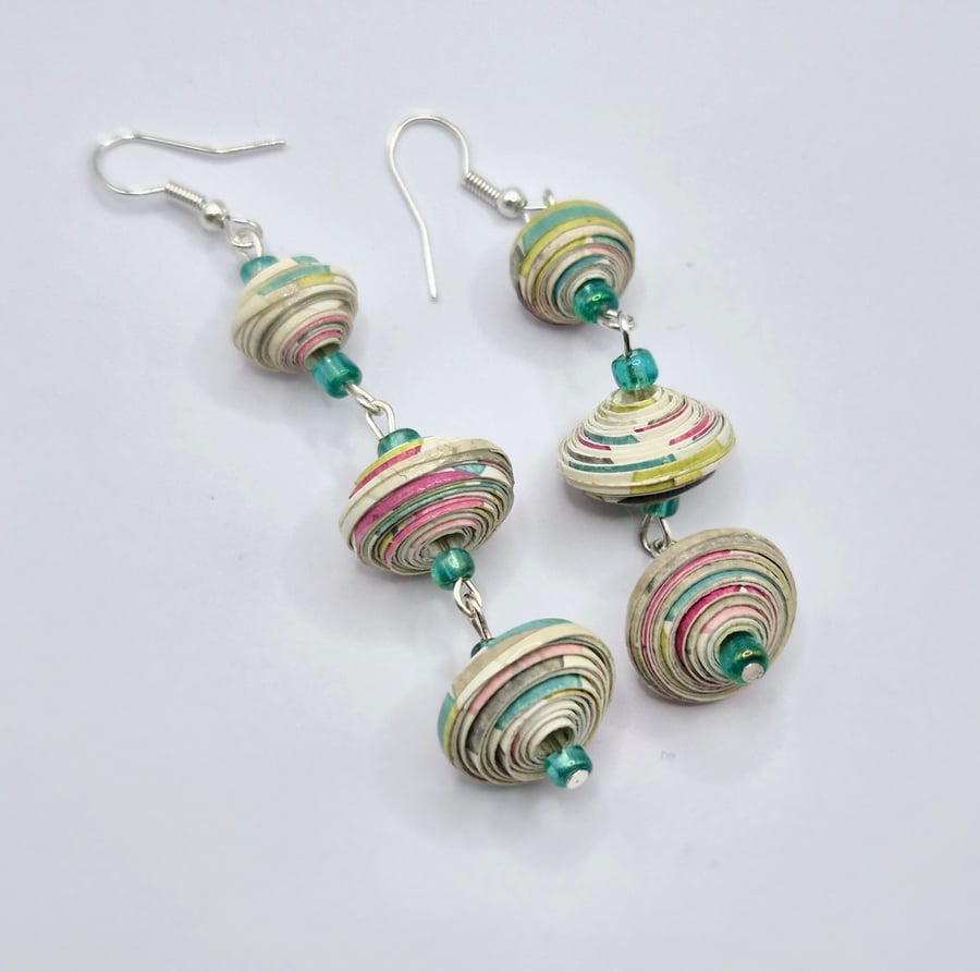 Multicoloured Paper beaded dangling earrings