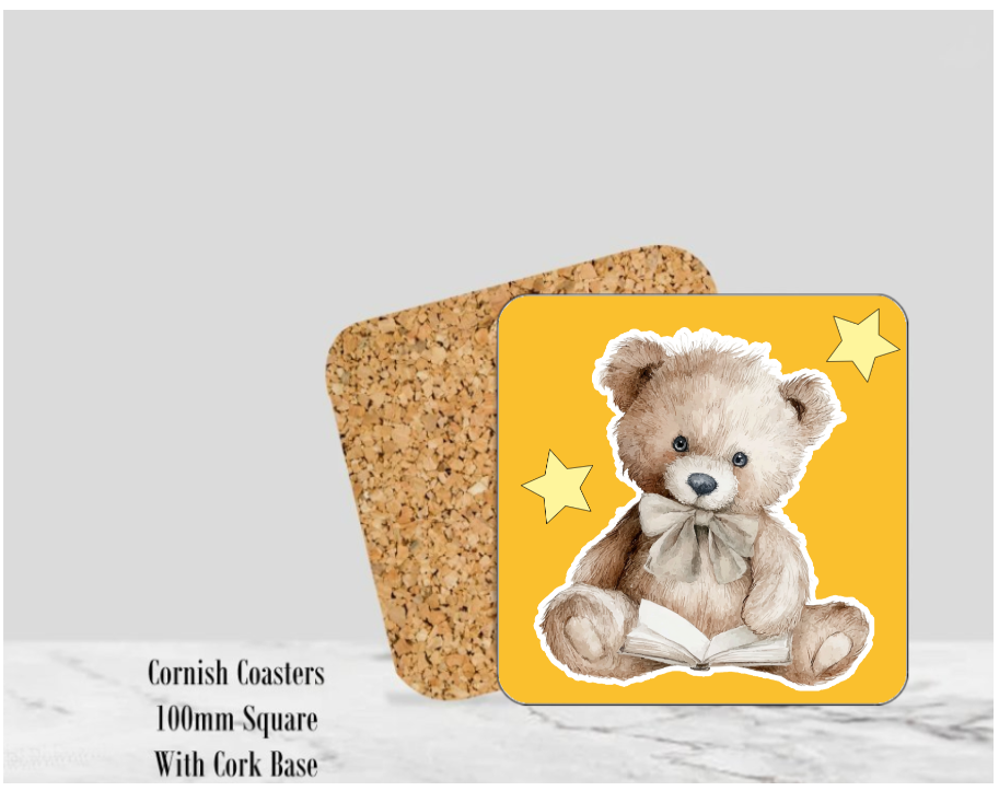 Teddy Yellow Coaster 4" Square With Cork Base