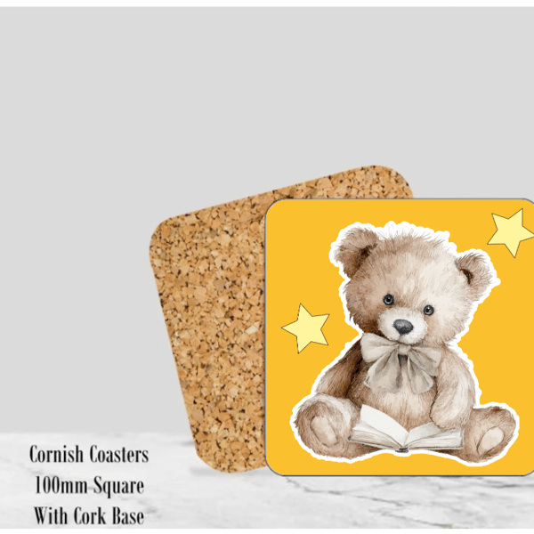 Teddy Yellow Coaster 4" Square With Cork Base