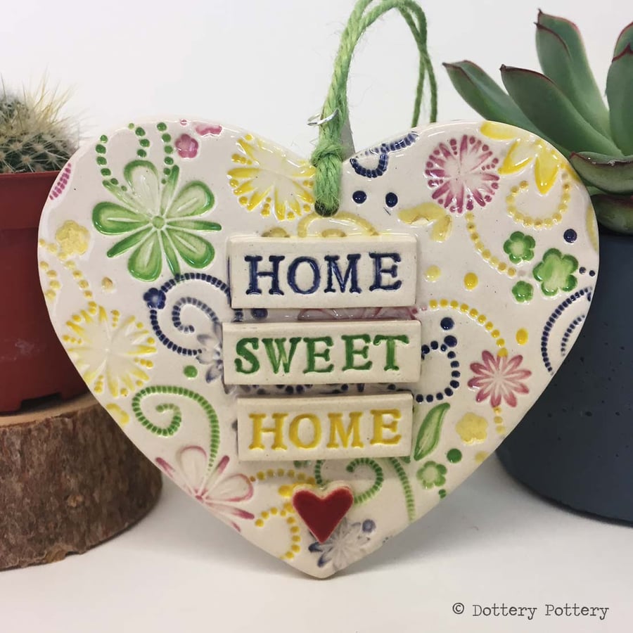 Ceramic heart decoration Home Sweet Home Pottery heart Bright flowers