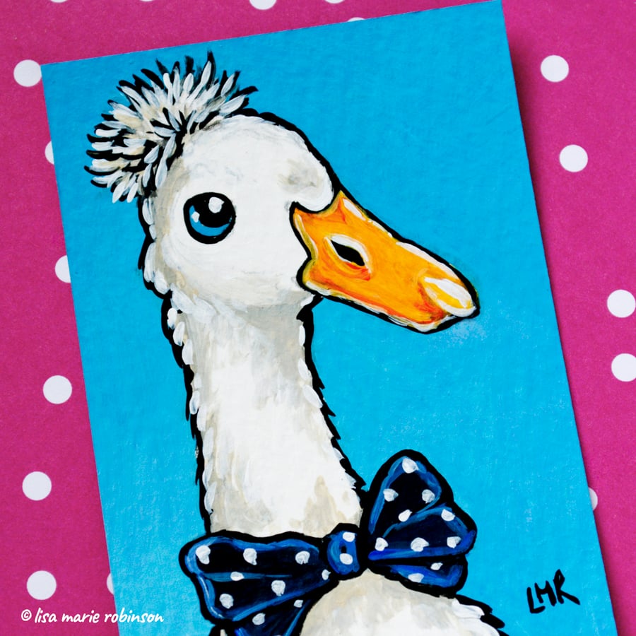 White Duck Wearing Bow Tie Original ACEO Mini Painting